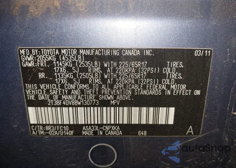 2011 Toyota Rav4 from USA, damaged, VIN 2T3BF4DV8BW130773